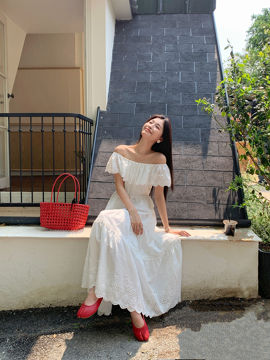 MM50 Summer Tea Break French Temperament Hollow Long Dress Super Fairy Ruffle One Shoulder Dress