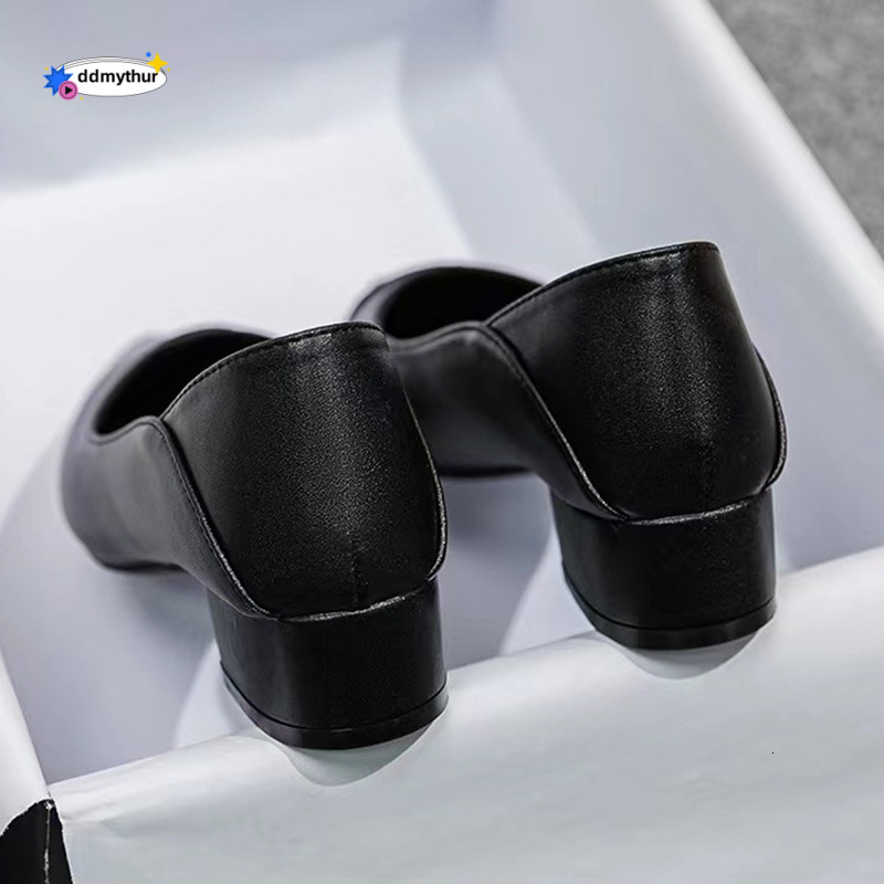 Pointed Toe Single 2023 Office Leather Thick Heel Comfortable Women's Professional Work Shoes Black ddmythur