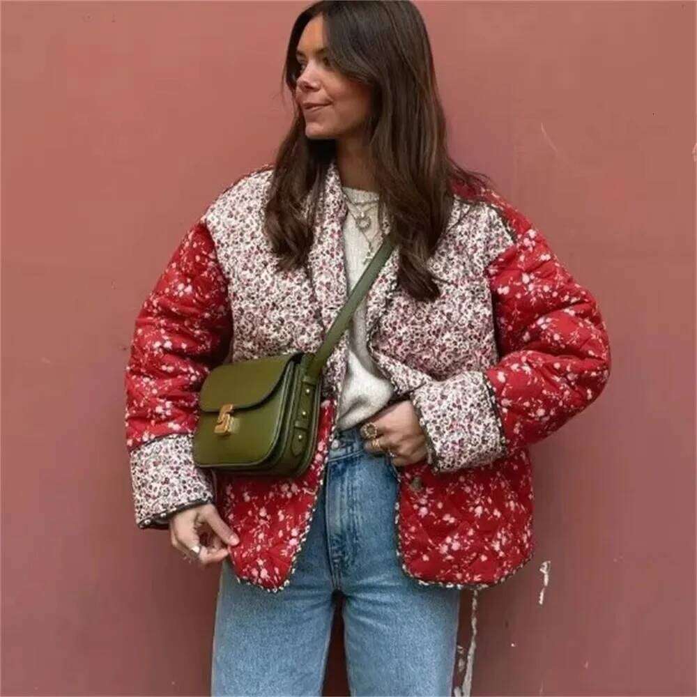 2024 Autumn New Product Women's Temperament Slimming Patchwork Printed Collar Long Sleeve Floral Cotton Jacket
