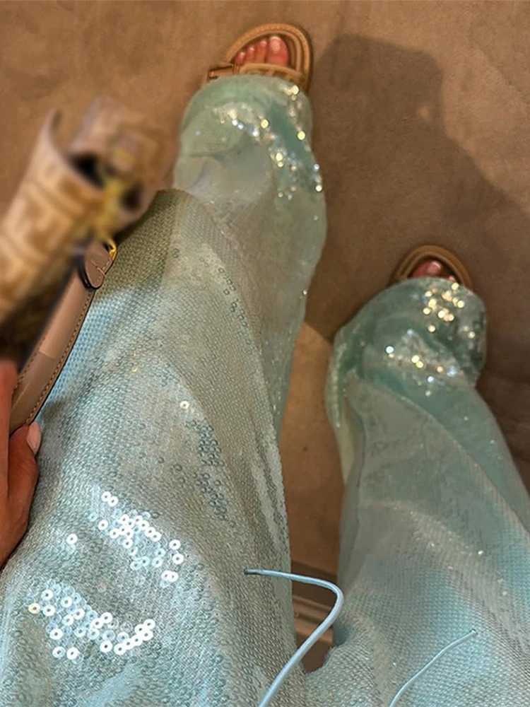 Fashion Sequined Pants Women Solid Loose Drstring Wide Straight Party Club Trousers 2025 Spring Summer Chic Streetwears LadyXJ250616