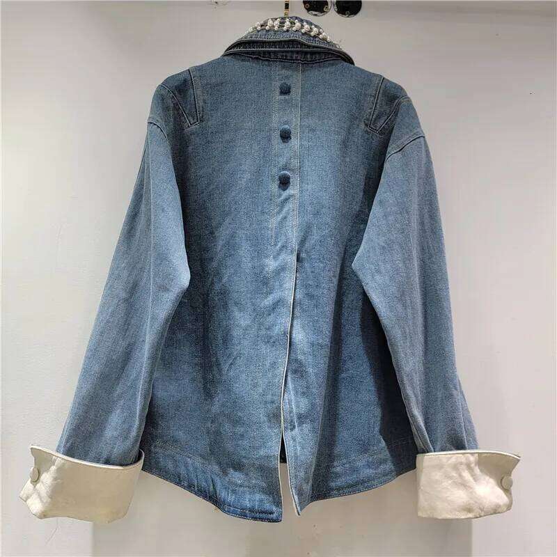 WTHT New Trendy Women's Pearl Chian Design Denim Jacket 2025 Spring Fashion Turn-down Collar Long Sleeves Coat Female 1LS1085