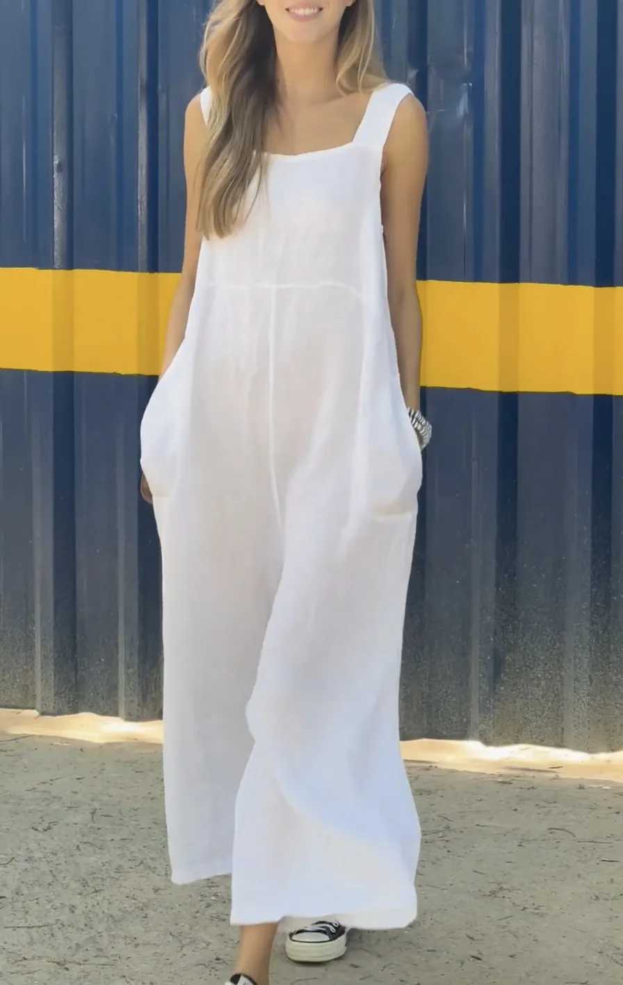 Summer Cotton Linen Oversize Jumpsuits Women Overalls Square Collar Sveless Loose Overalls Fe Casual Trendy Lady ClothesXJ250616