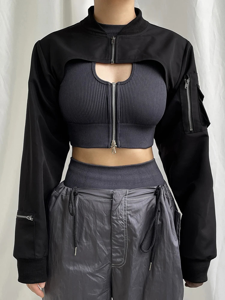 Zip Up Stand Collar Long Sleeve Black Cropped Jackets Women Pocket Safari Style Streetwear 250614