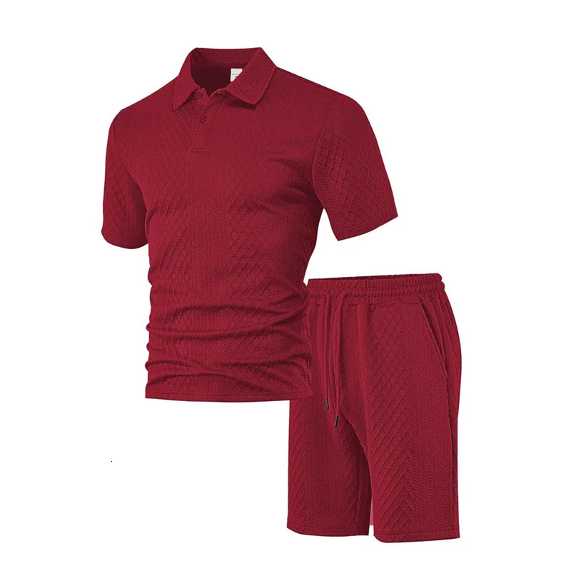 Summer Mens Casual Sportswear Polo Shirt Turnover collar Shortsleeved And Shorts Jacquard Texture Suit 250612