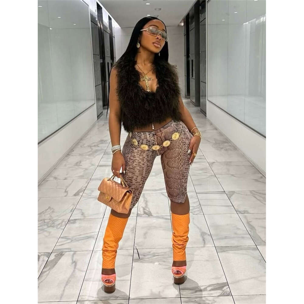 New Fashion Printed Trendy Slim Fit Mid-Waist Stretch Snake Print Capri Shorts Casual Pants B5