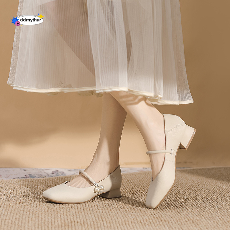 Square Toe Chunky Mary Jane 2025 Spring New Soft Leather French Style Shallow Mouth Low Heel 3cm Single Shoes for Women ddmythur