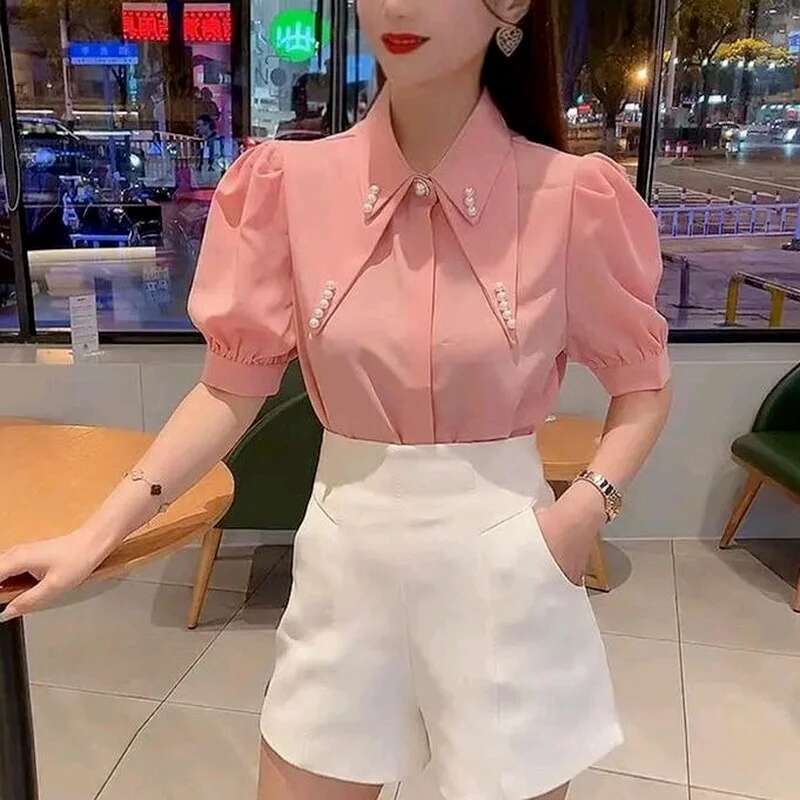 Clothes Chiffon Womens Shirt Blouse Collar Tops for Women Office Outfits with Puffy Sleeves Wear To Work Formal Green New 2025