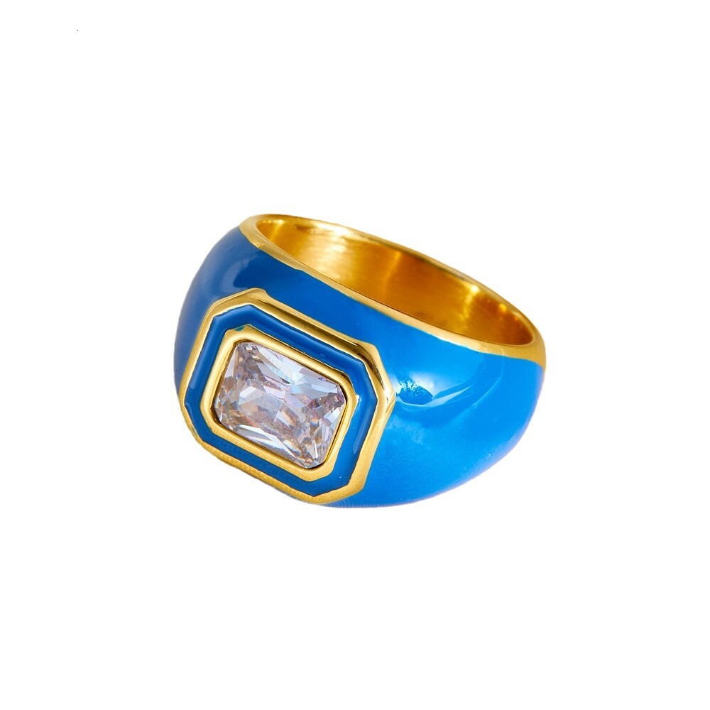 Fashion Style Personality Versatile Square Zircon Enamel Drip Oil Color Titanium Steel Non-Fading Ring