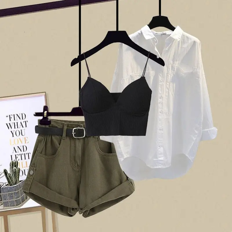 SpringSummer Fashion Womens Set Korean Edition Age Reducing Sling Casual Shirt Shorts Three Piece Set 250614