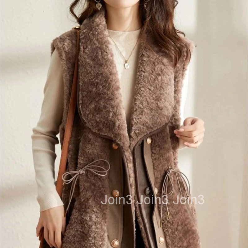 Drawstring Womens Lamb Plush Vests Loose New Outerwear Demi-season Elegant Autumn Lady Giletes Classic Sleeveless Warm Pretty
