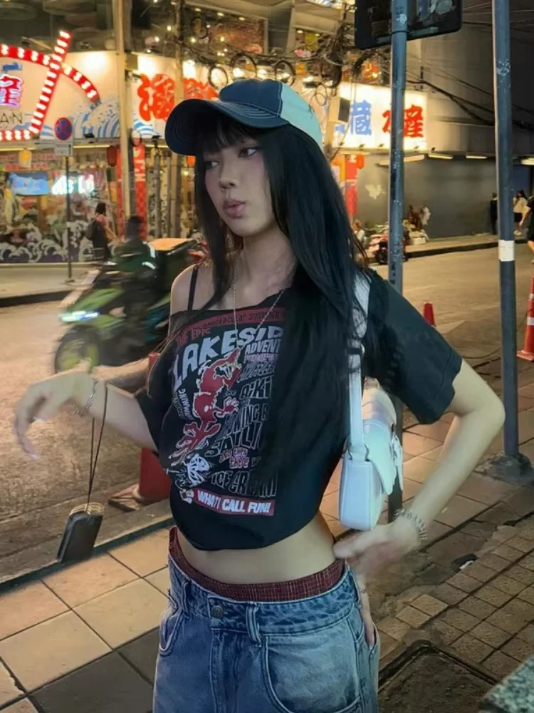 Off Shoulder Retro Y2k Tops Letter Print Short Sleeve T-Shirt Harajuku Slimming Women Top 2025 Summer Womens Clothing 250614