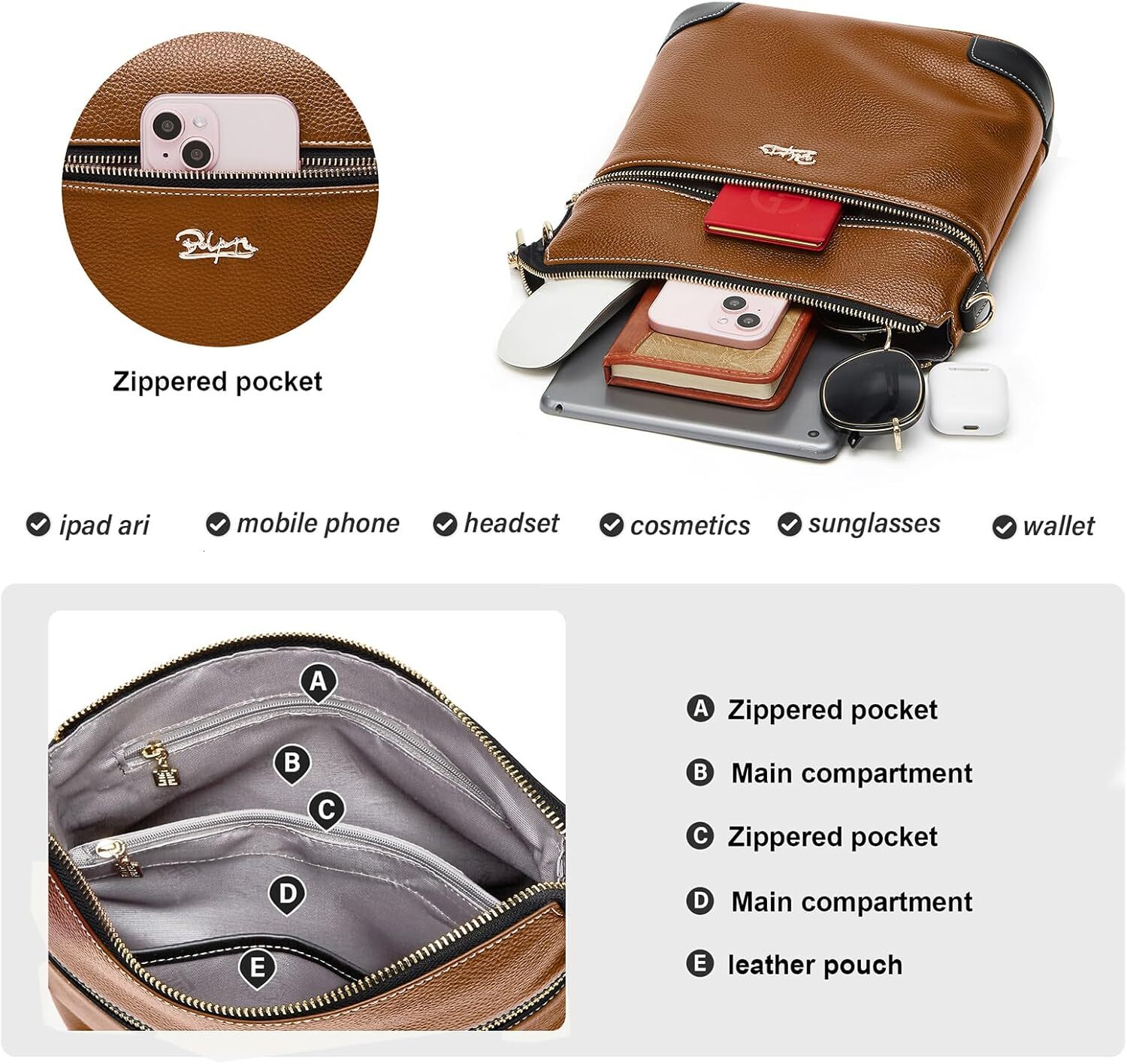 Genuine Crossbody Bag Women: Medium Leather Shoulder Purse - Trendy Handbag Travel Adjustable Strap