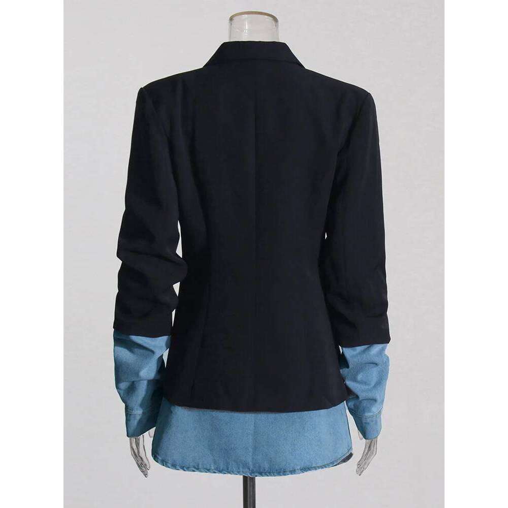 Colorblack Spliced Denim Casual Blazers For Women Notched Collar Long Sleeve Minimalist Slimming Blazer Female Fashion New