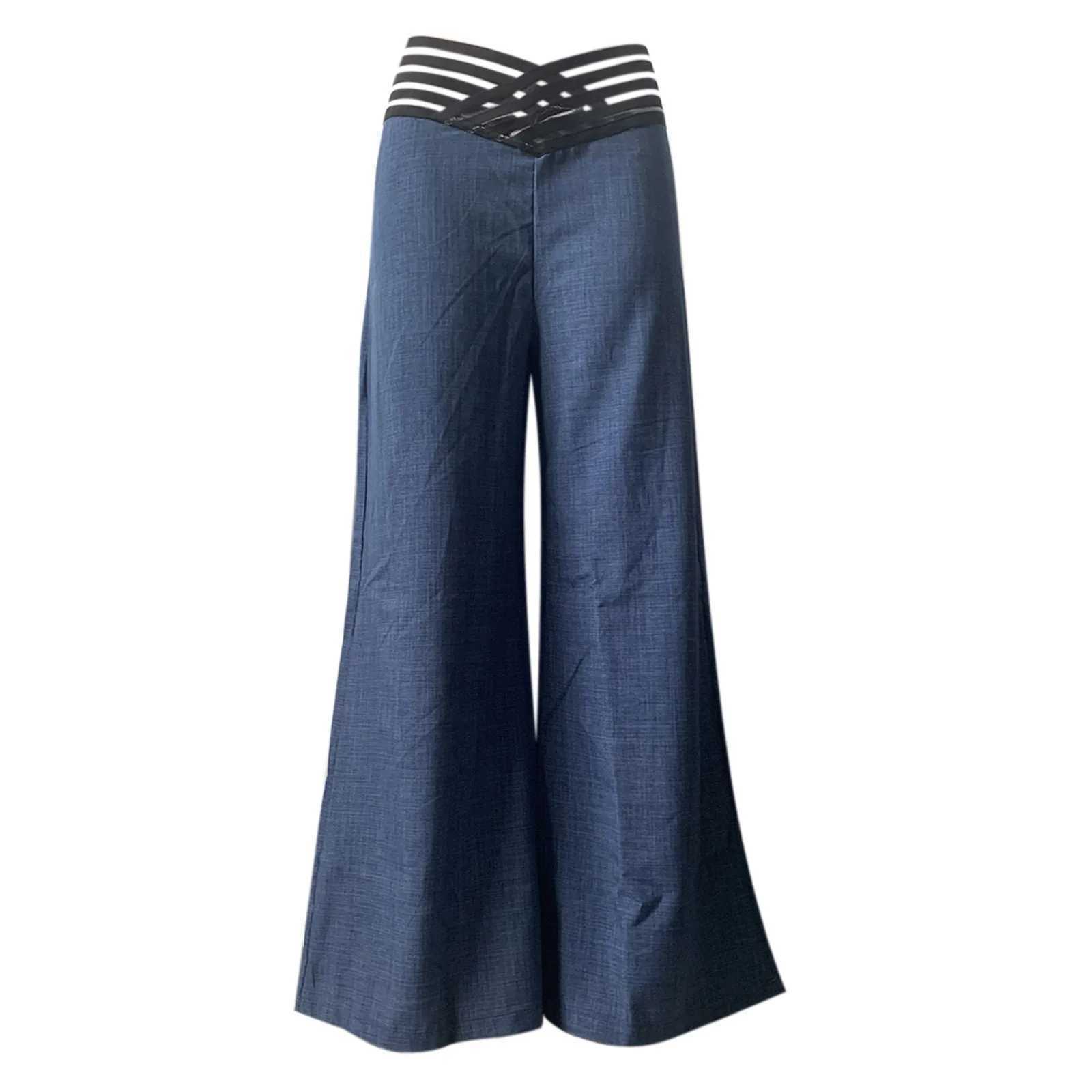 Women Flared Pants Ele Office Lady Casual High Waist Trousers Spring Summer Solid Crisscross Sheer Mesh Patch Wide Leg PantXJ250616