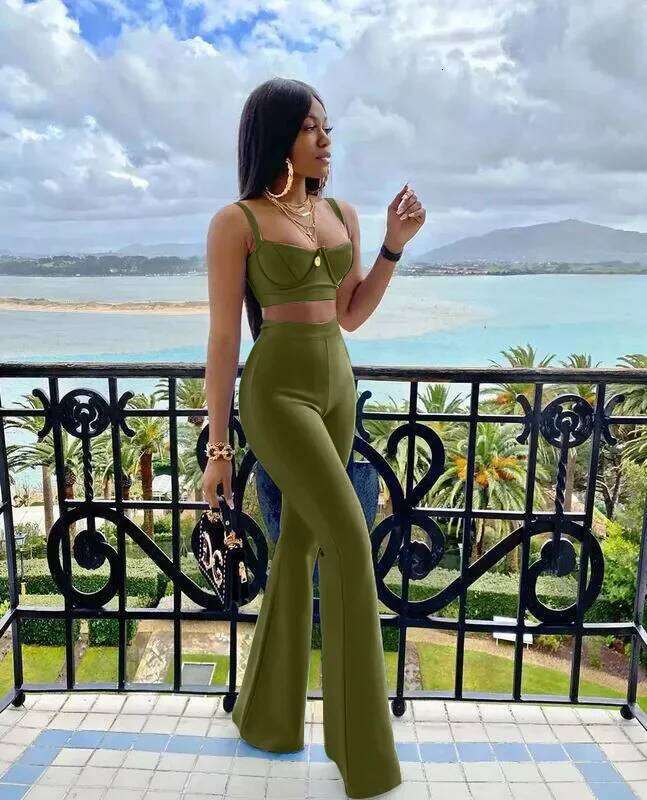 Elegant Sexy Fashionable Tank Top+Casual Straight-Leg Bell Bottoms 2-Piece Suit Sleeveless Top From China Mainland