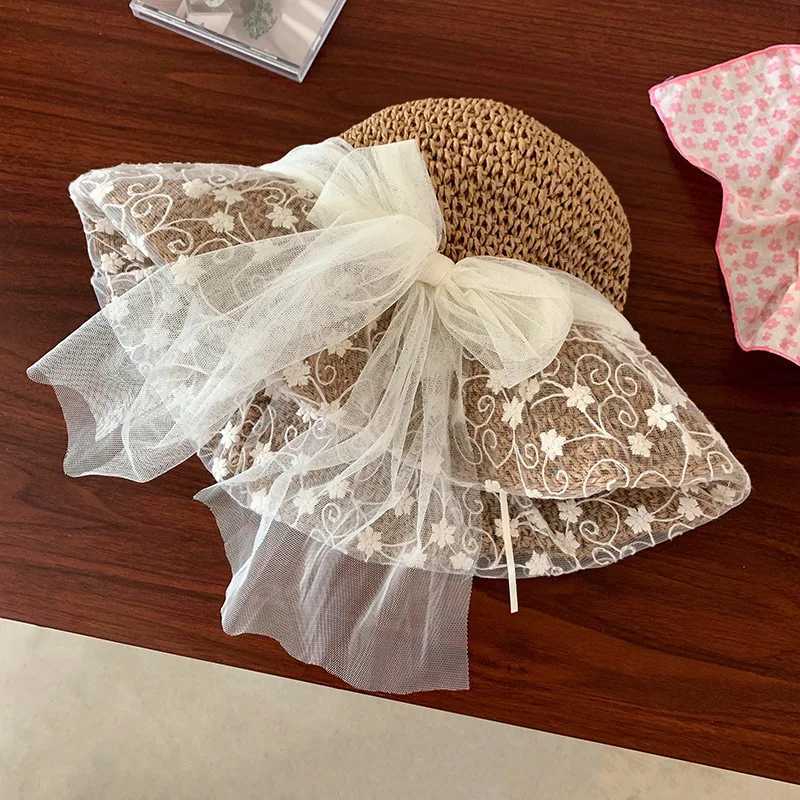 Womens Summer Hat Lace Ribbon Bow Flower Beads Big Brim Sunscreen Bucket Hat Sunshade Beach Accessories New M250616