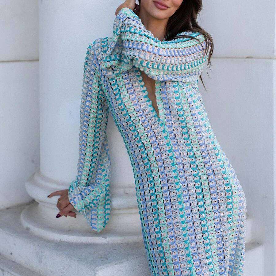 Para Praia Hollow Out Knitted Long 2025 Dress Bikini Swimwear Cover Ups Sexy Beach Outfits For Women Beachwear