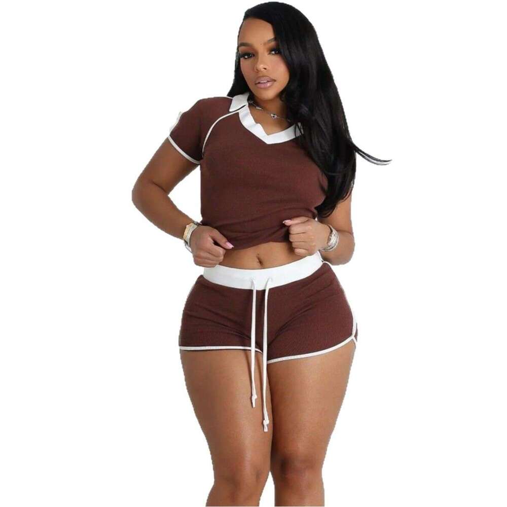 New Summer Sports Short Sleeve Top With Drawstring Shorts Set For Women B5