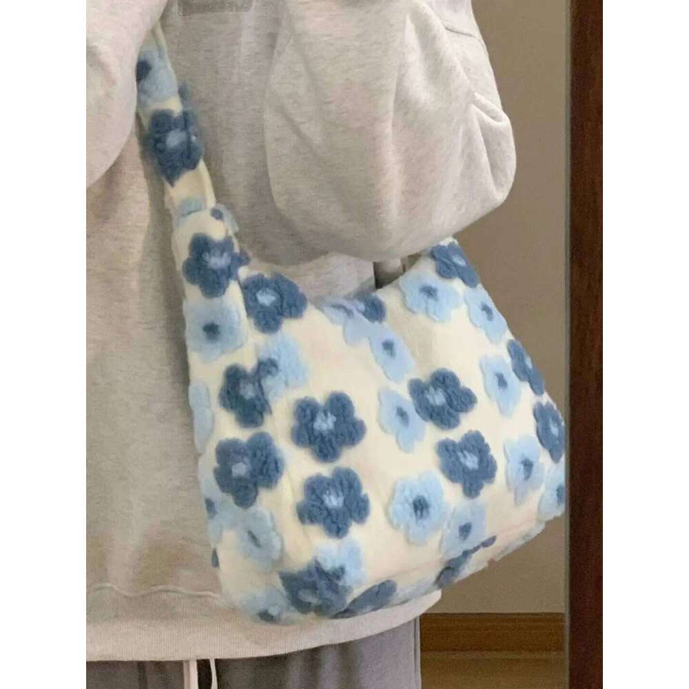 Autumn Winter Flower Lamb Wool Plush Student Large Capacity Tote Shoulder Bag Crossbody Bags For Women