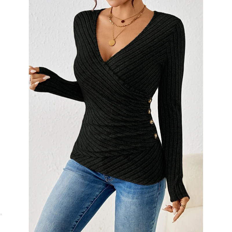 Button V-neck Knitted Women Sweater Pullovers Autumn Winter Basic Women Sweaters Fit Soft Warm Tops 250614