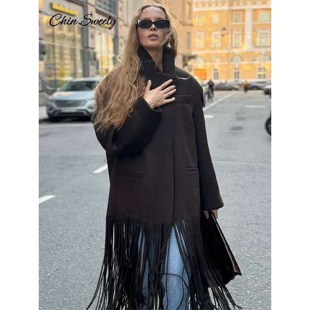 Fashion Woolen Tassel Coat Women Brown Single Breasted Long Sleeve Lapel Loose Jacket 2025 Spring High Street Outerwear