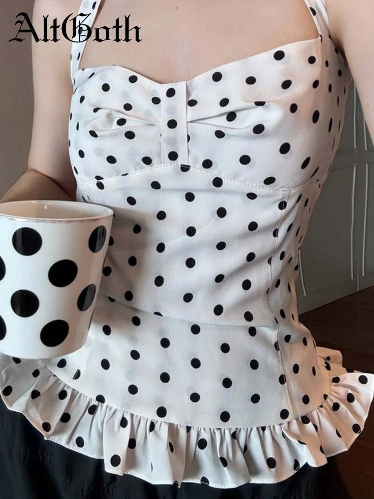 AltGoth Aesthetic Chic Y2k Camisole Women Pastel Goth Streetwear Sweet Polka Dot Backless Halter Corset Crop Tank Tops Female 250613