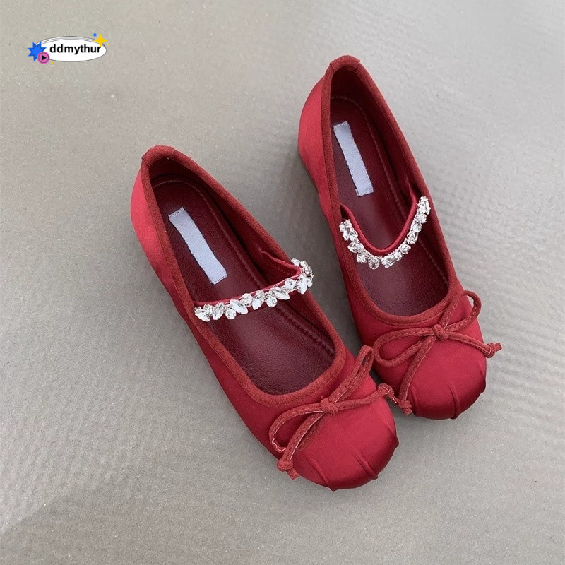 Petite Height Increasing Mary Jane Shoes 2025 New French Style Gentle Fairy Satin Rhinestone Ballet Flats ddmythur