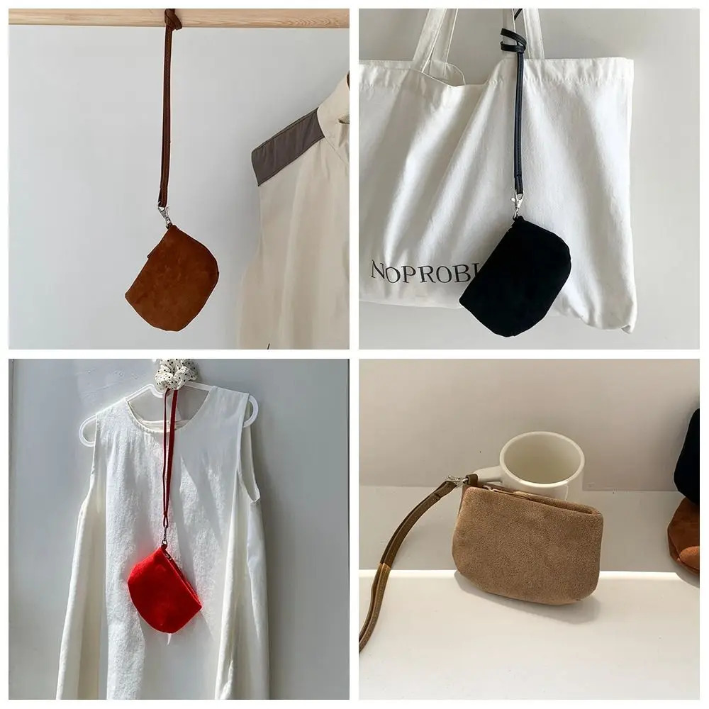 Ins PU Leather Suede Coin Purse Shoulder Bag Hanging Neck Lanyard Wallet Solid Color Purse Mini Storage Bag Travel 250614