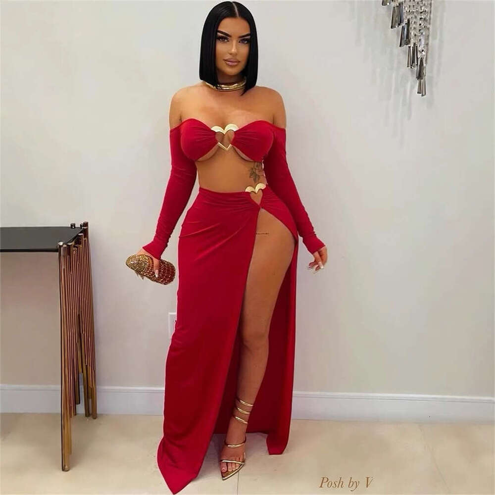New Solid Color Sleeve Sexy Short Crop Top With Split Long Skirt Set For Women B5
