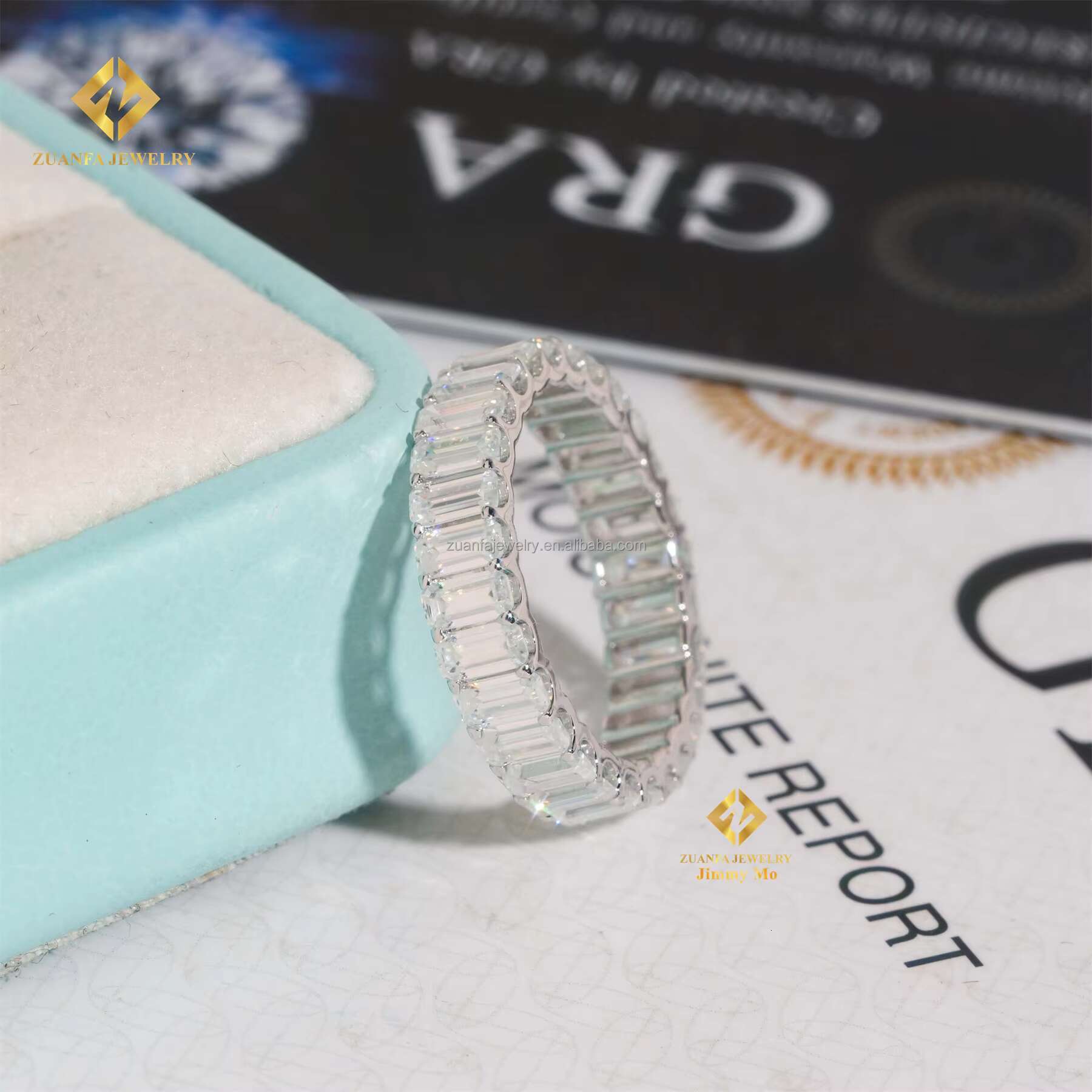 Retail Price Best Selling 925 Silver White Gold Plated Women Emerald Cut VVS Moissanite Diamond Eternity Band Engagement Rings
