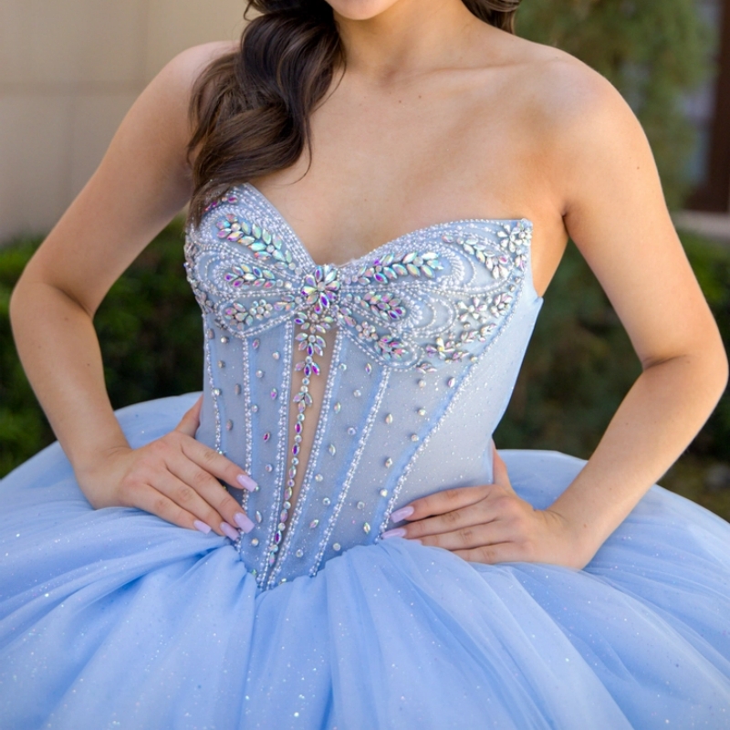 Sky Blue Shiny Quinceanera Dresses Ball Gown Off The Shoulder Beading Crystal Tull Sweet 16 Dress Vestidos 15 De Anos