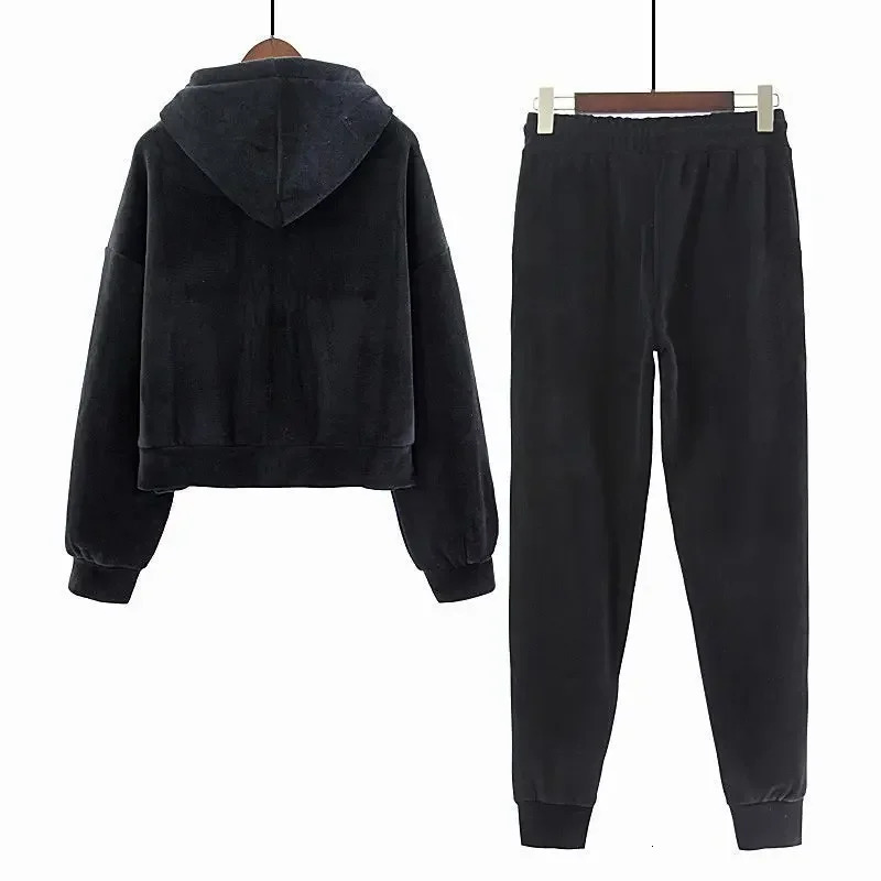 Women Velvet Tracksuit Zipper Hooded Sweatshirt and Sweatpants Solid Color 2 Piece Set Autumn Winter Warm Casual Female Suit 250614