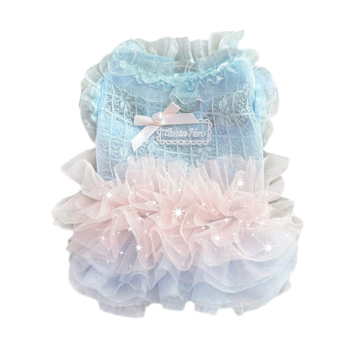 Gradient Gauze Lace Dog Dresses for Small Dogs Girl with D-Ring, Luxury Dog Party Dress with Multi-Layer Princess Tutu Skirt, Summer Embroidered Puppy