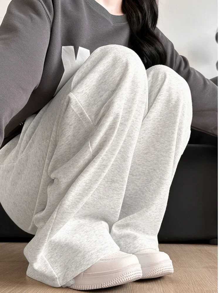 High Waist Casual Wide Leg Work Pants Gray Sports Pants Women Spring Autumn 2025 New Fashion Straight Leg Loose Fit Sweatpants XJ250616