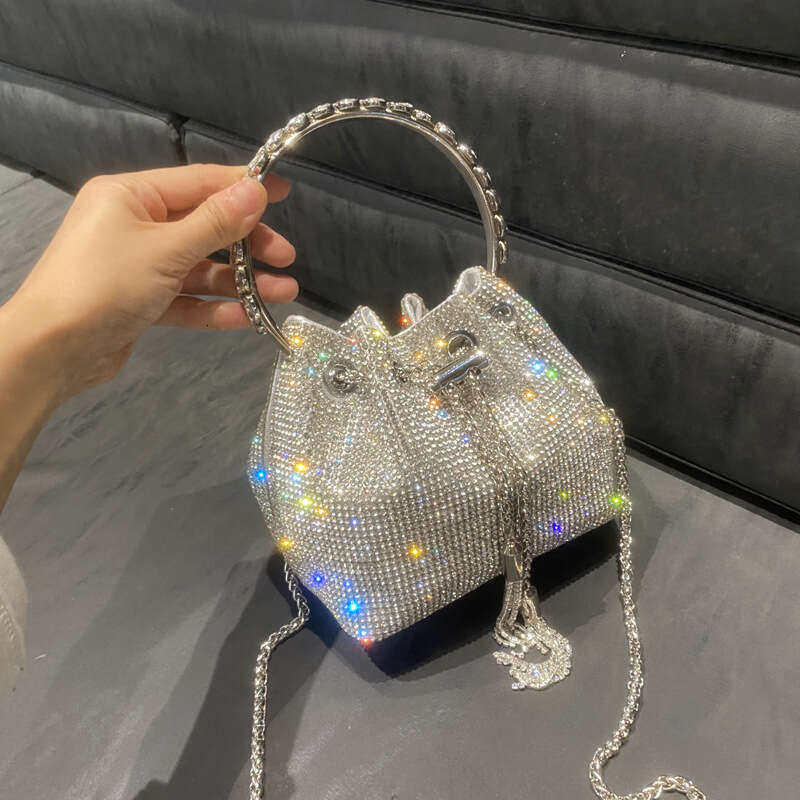 Women's 2023 New Rhinestone Bucket Round Handle Handbag Single Shoulder Crossbody Chain Small Bag Inlaid with Rhinestones