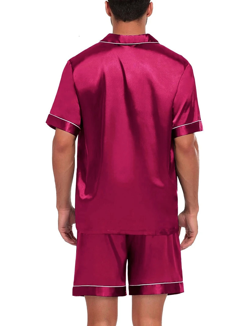 Mens Satin Pajama Set Short Sleeve Lapel Front Buttons Top And Elastic Shorts Comfortable Fit Loungewear Sleepwear Pjs 250614