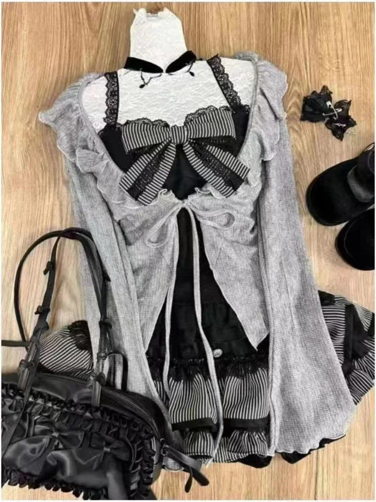 Women Sweet Lolita Lace Up Ruffles Cardigan Sexy Slim Fit Strapless Vest High Waist Ruched Skirts Early Autumn Three Piece Sets 250609