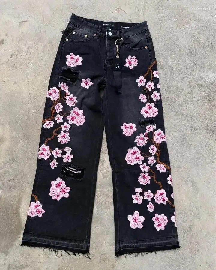 Men's Jeans Streetwear Retro Hip Hop Flower Embroidery Pattern Y2k Men And Women Casual Black Baggy Low Rise Gothic Denim Pants