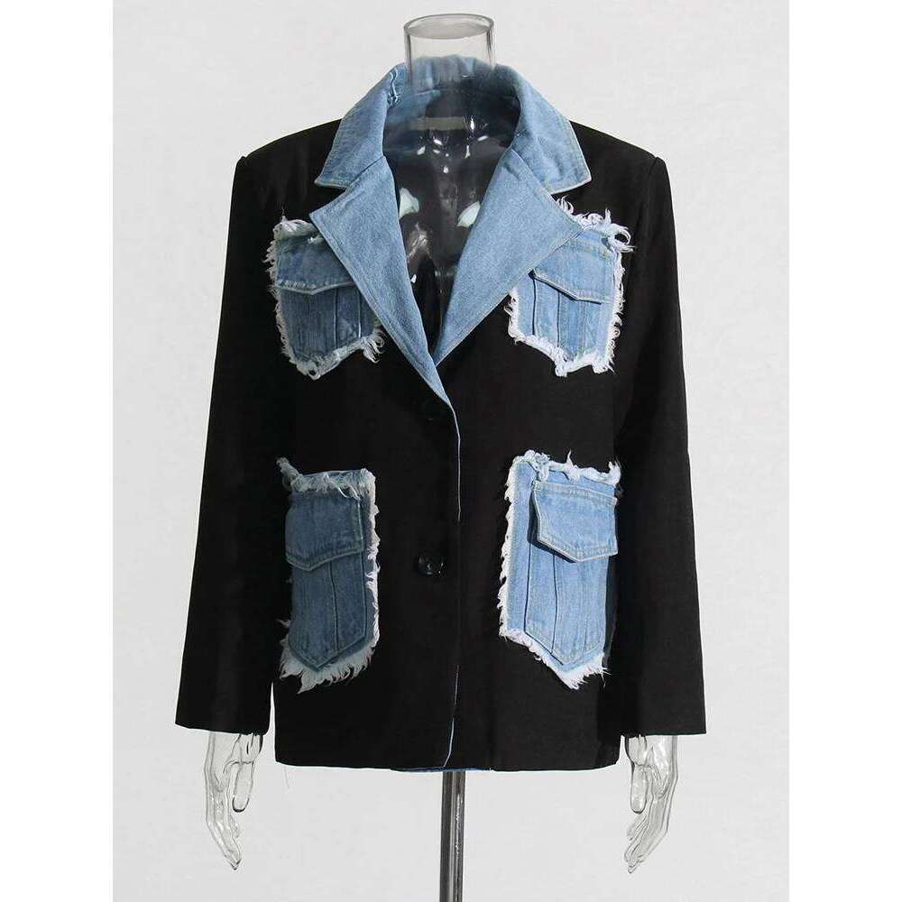 TWOTWINSTYLE Colorblock Patchwork Denim Jacket For Women Notched Collar Long Sleeve Spliced Pocket Casual Blazer Female Style