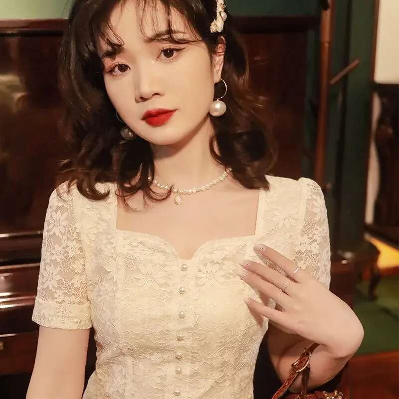 White with Short Sleeve Shirts Blouses for Women Summer Woman Top Sexy Embroidery Vintage Aesthetic Youthful Clothes New 2024