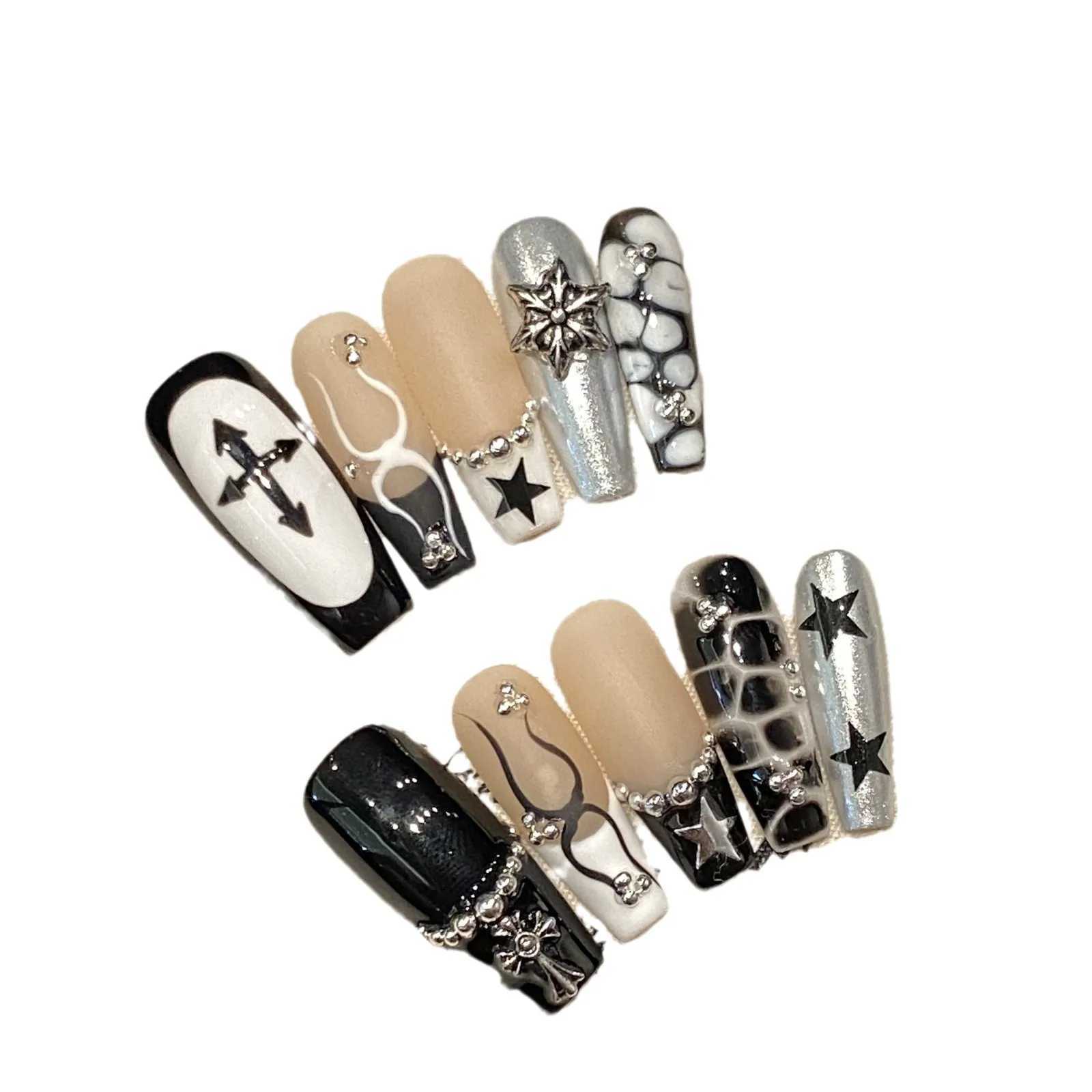 10pcs Y2k Black French Press On Nails Handmade Crocodile Pattern Five-point Star False Nails Metal Punk Style DIY Manicure Art R250616