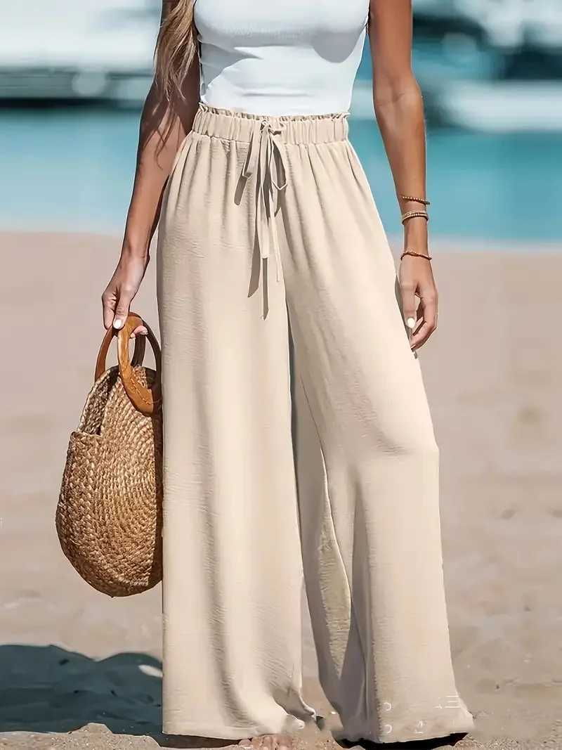 2025 New Spring Summer Baggy Pants Fashion Women Solid Oversized Drstring Wide Leg Pant Casual Office Lady Ele TrousersXJ250616