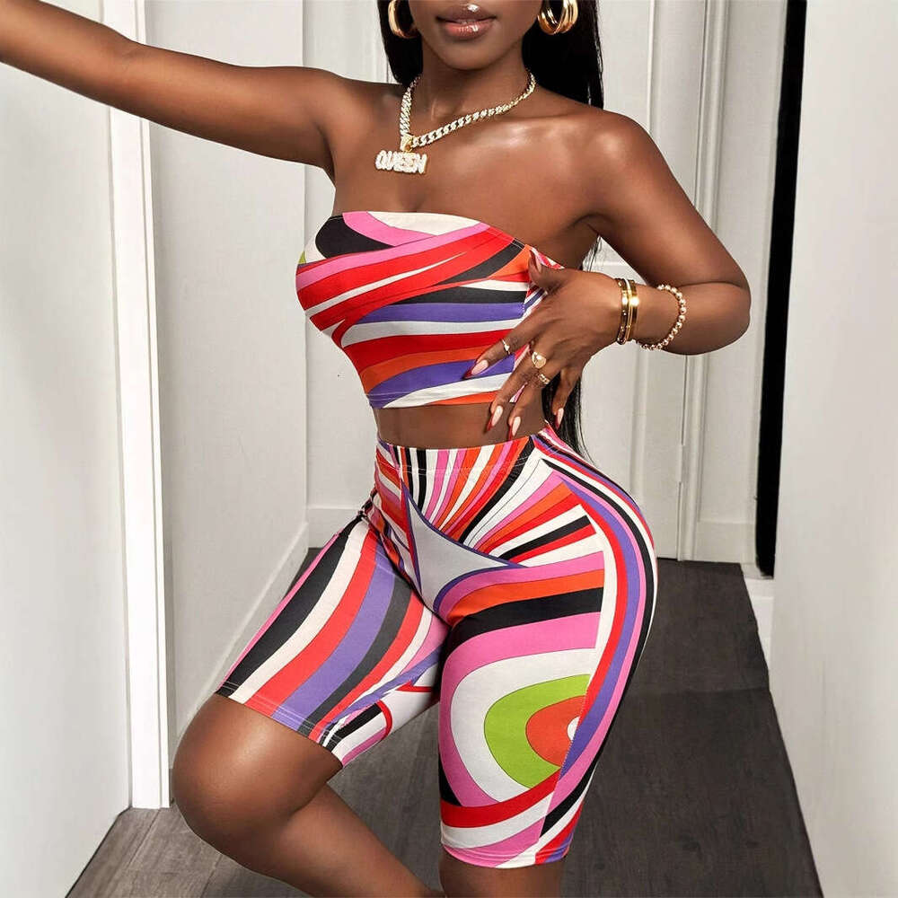 Summer Fashion Color Block Print Sexy Strapless Sleeveless Top Bodycon Short Set B5