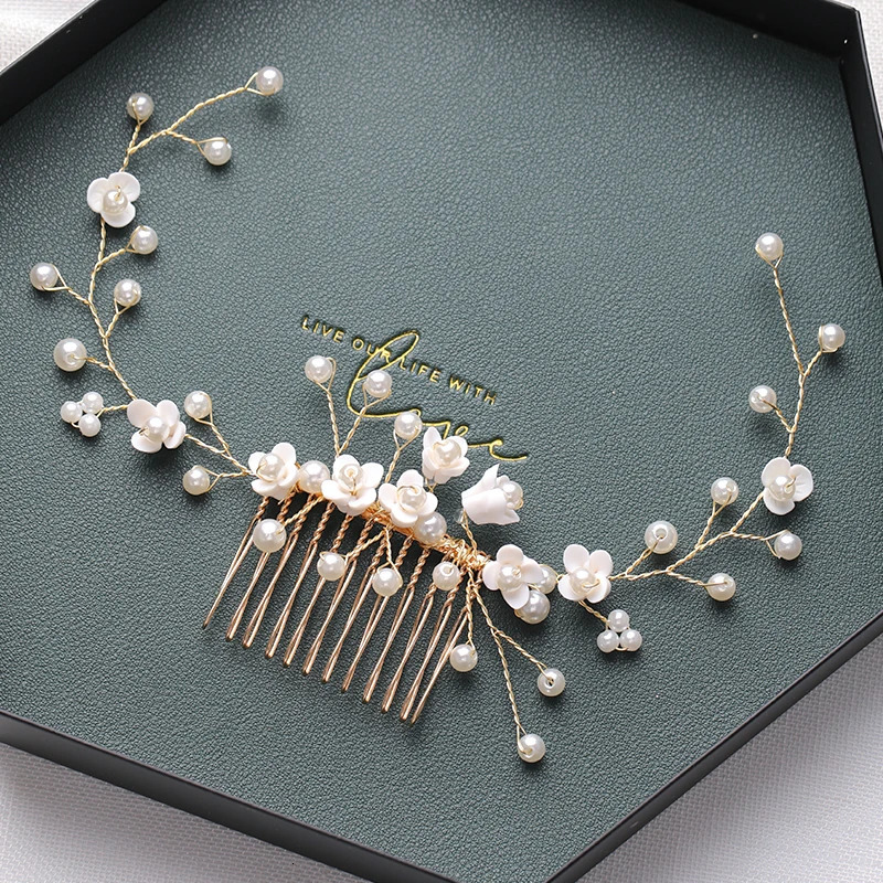 Gold Tiara Hair Combs Pearls Hair Accessories For Party Handmade Women Headbands Hair Ornaments Fashion Jewelry 250610