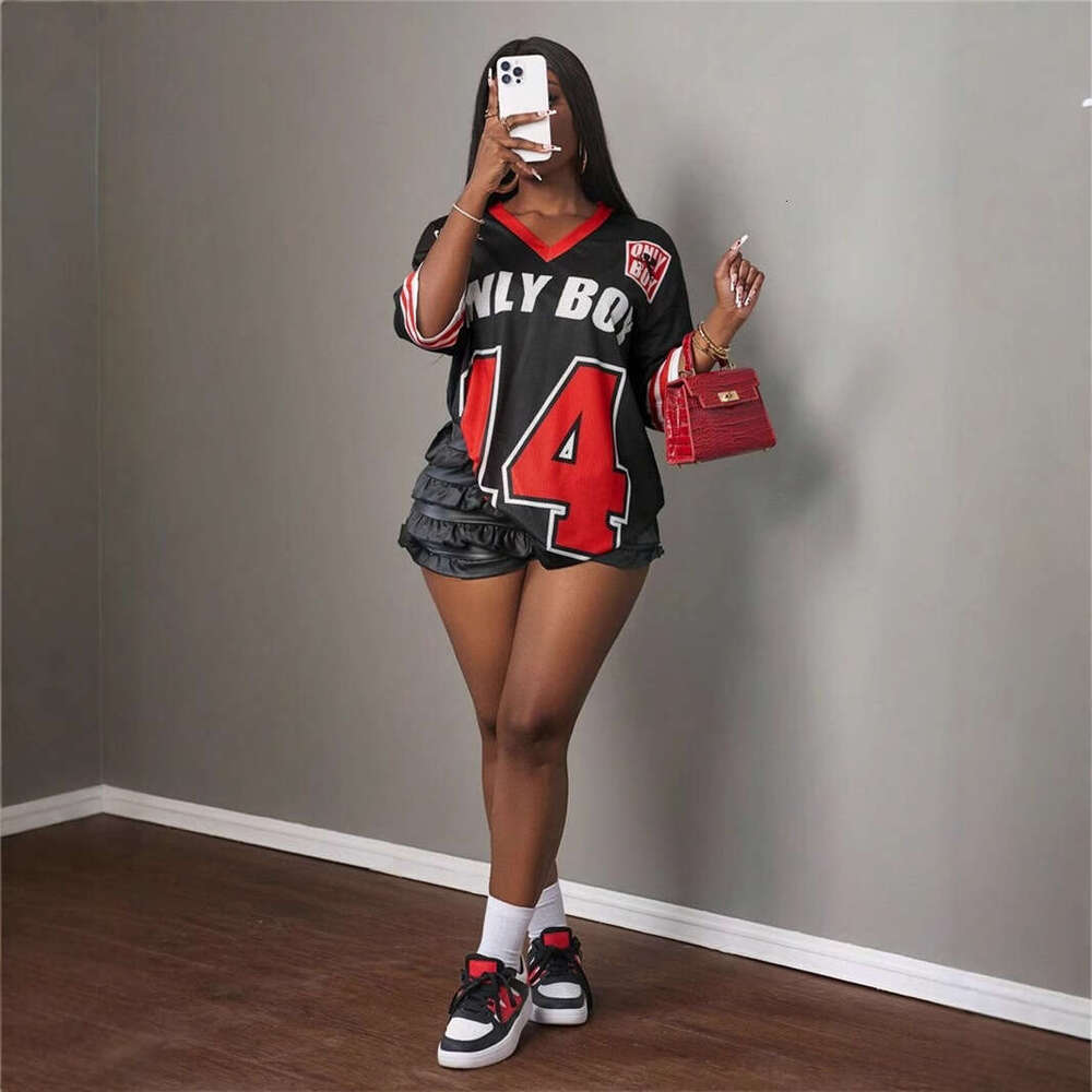 New American Style Loose Casual Sports Jersey Letter Print V-Neck Short Sleeve T-Shirt For Women B5