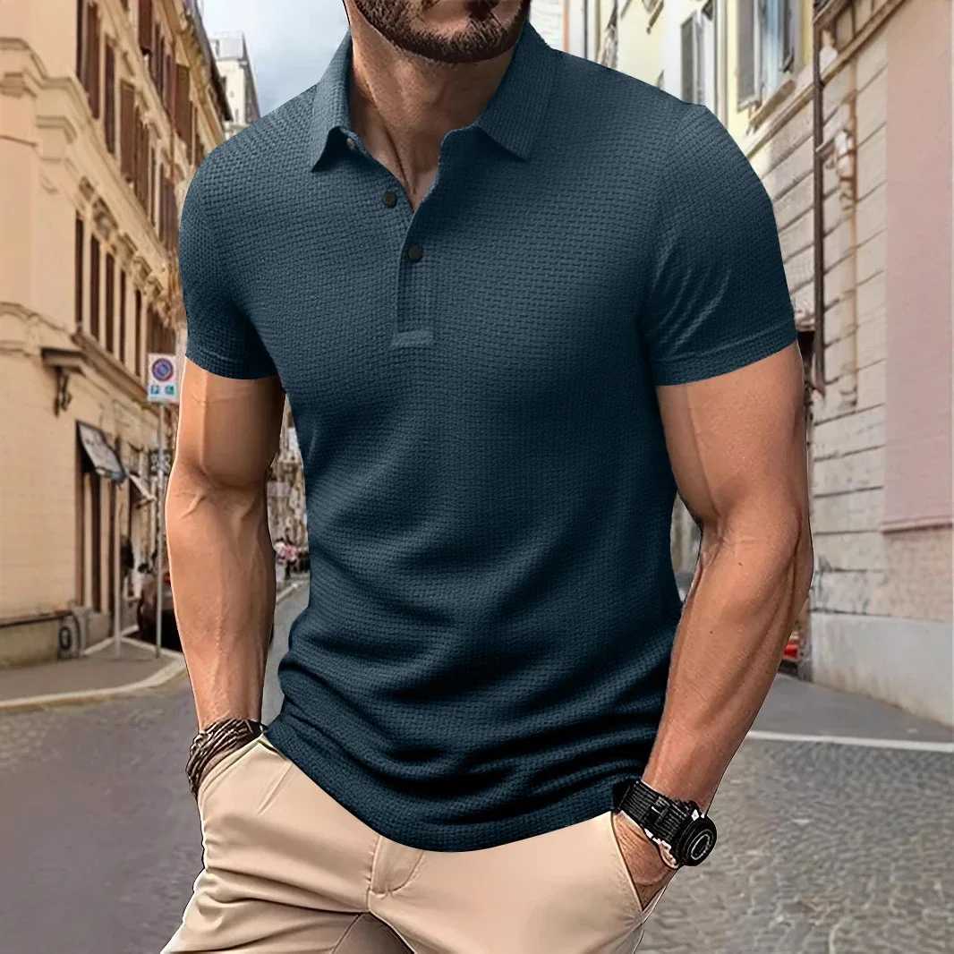 New Mens Business Casual Short Sleeve Bone Flower Solid Color POLO Shirt Fashion Breathable Comfortable Summer Versatile Top W250616