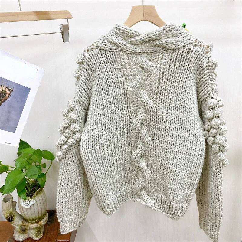 Women Hand-Knitted Cardigan With 3D Flower Design Vintage Twisted Chunky Sweater 2023 Winter New In