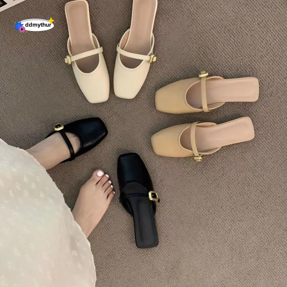 French Style Closed-Toe Half Slippers for Women, Outdoor Wear, Spring/Summer 2024 New Versatile Soft Leather Mules, Mary Jane Shoes ddmythur