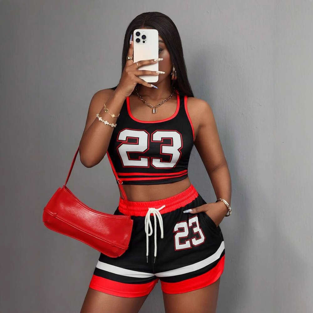 New Fashion Color-Block Print Slim Fit Sexy Sports Vest Short Top With Tie Shorts Set B5