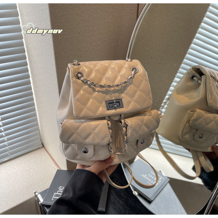 Single Shoulder for Female Students, Travel Solid Color Double Pocket Lock Small Backpack, Quilted Simple Bag ddmynov